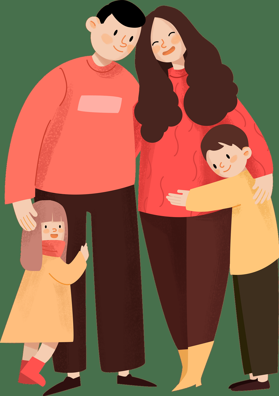 插画温馨全家福彩色手绘插画依偎一家四口亲子装家庭日人物图片 一家四口之画全家福