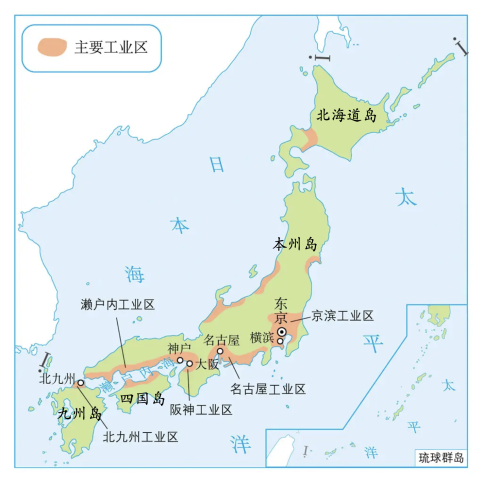 读日本主要工业区分布图(下图),完成下面小题. 日本五大工业区的位置